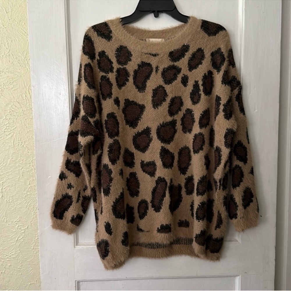 Altar’d State Boho Leopard Print Long Sleeve Crewneck Fuzzy Sweater Top